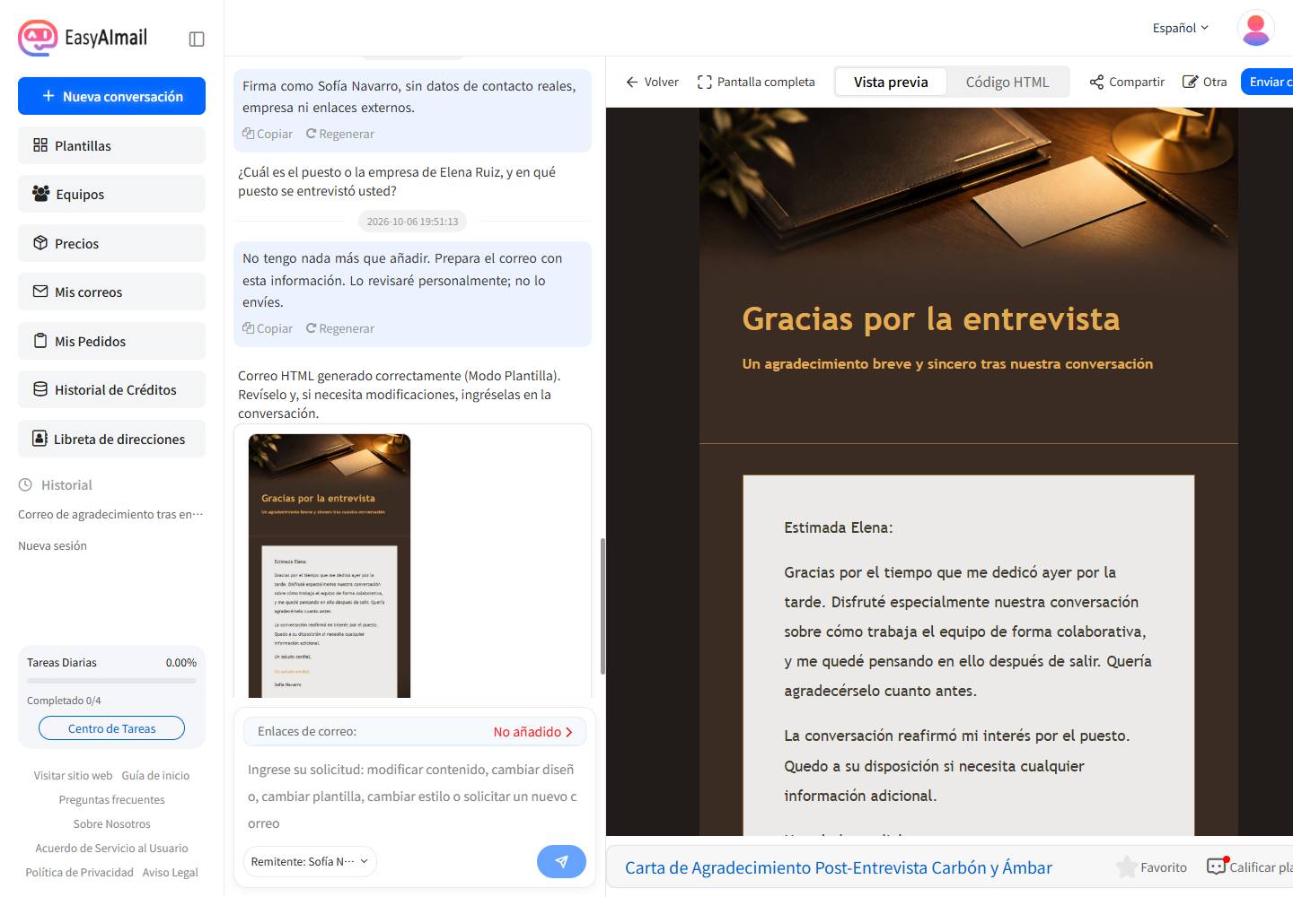 Interfaz en español de EasyAImail con vista previa de agradecimiento de entrevista enviado a la mañana siguiente