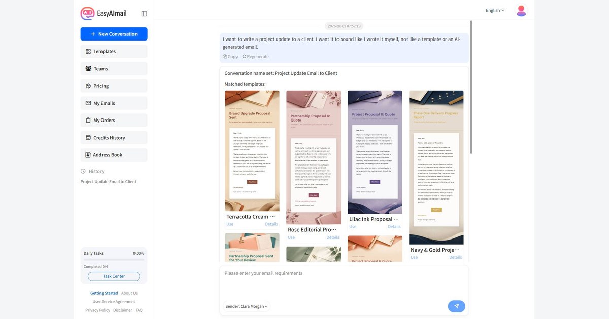 EasyAImail English conversation interface recommending an email template