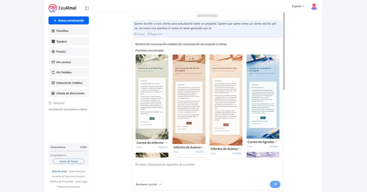 Interfaz de conversación de EasyAImail en español recomendando una plantilla
