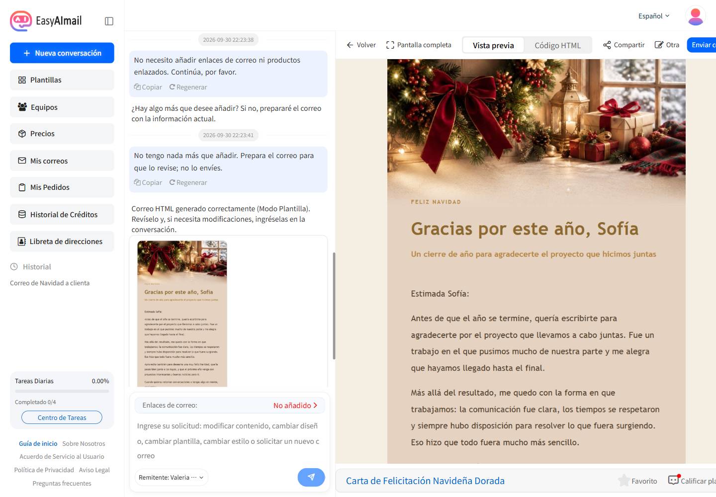 Interfaz en español de EasyAImail con vista previa de un correo navideño