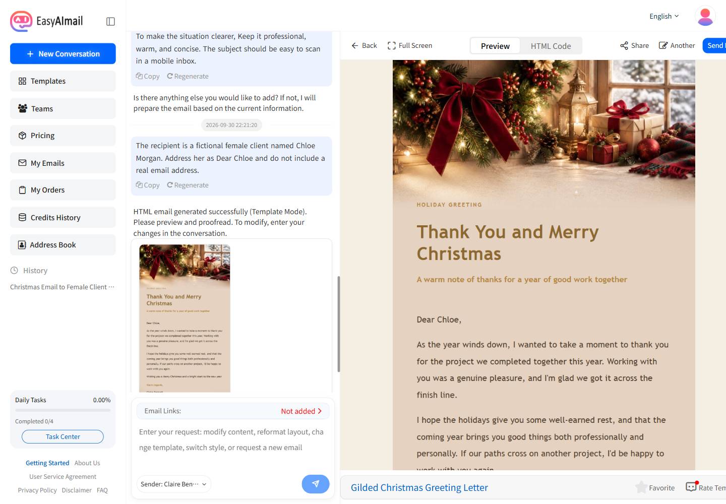 EasyAImail English interface showing a Christmas email preview