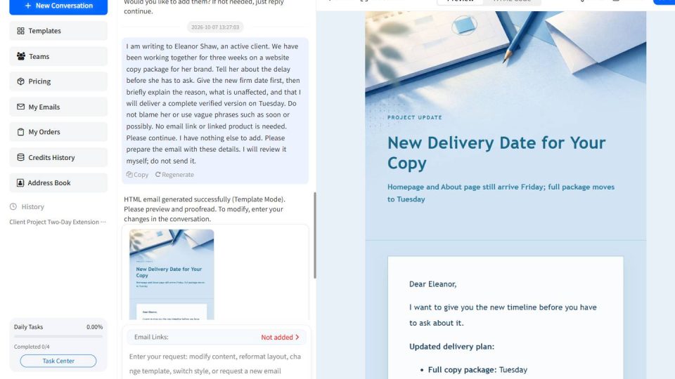 EasyAImail English interface showing a project delay notification email preview