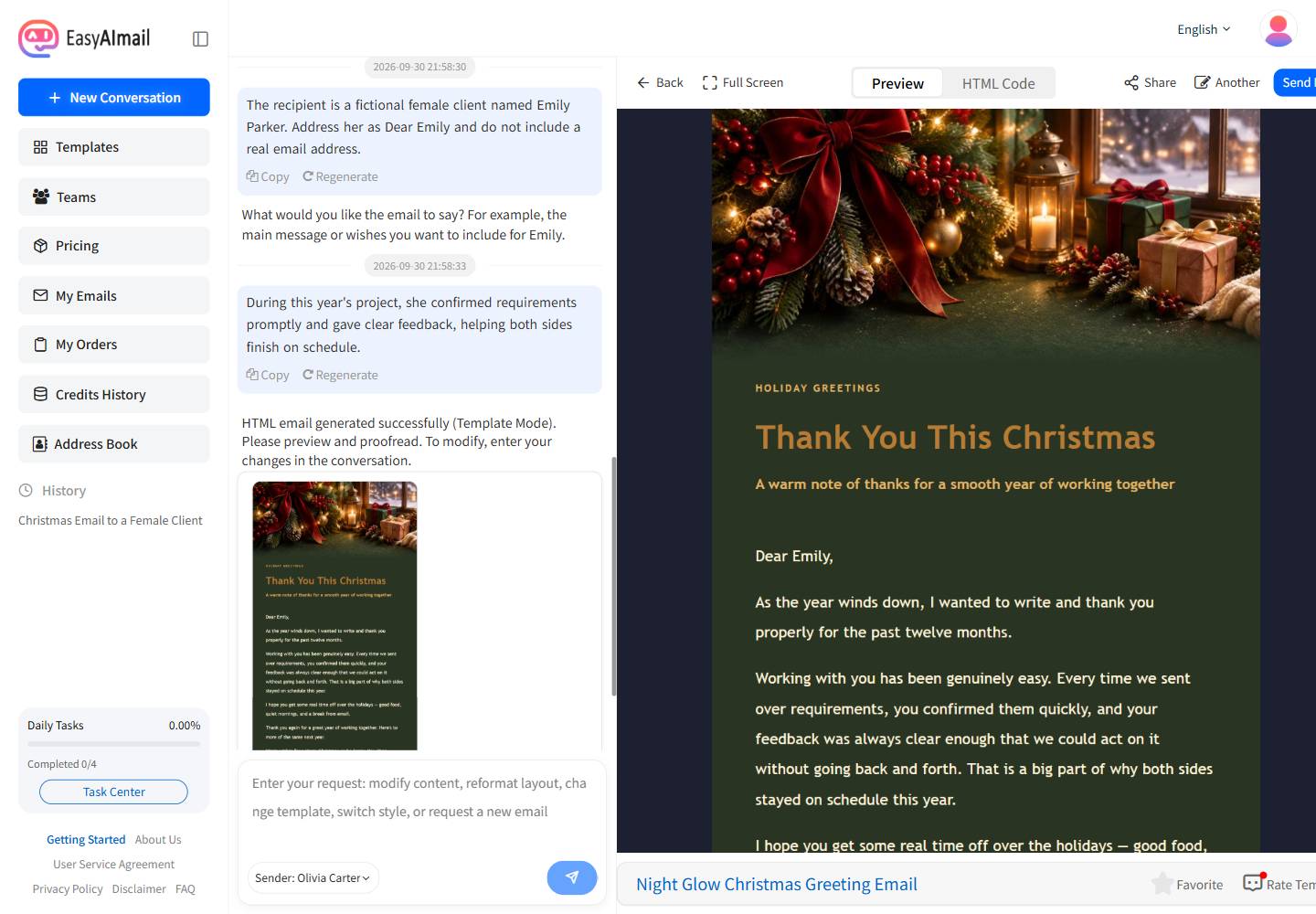 EasyAImail English interface showing a client year-end greeting email preview
