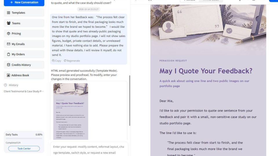 EasyAImail English interface showing a testimonial permission request email preview