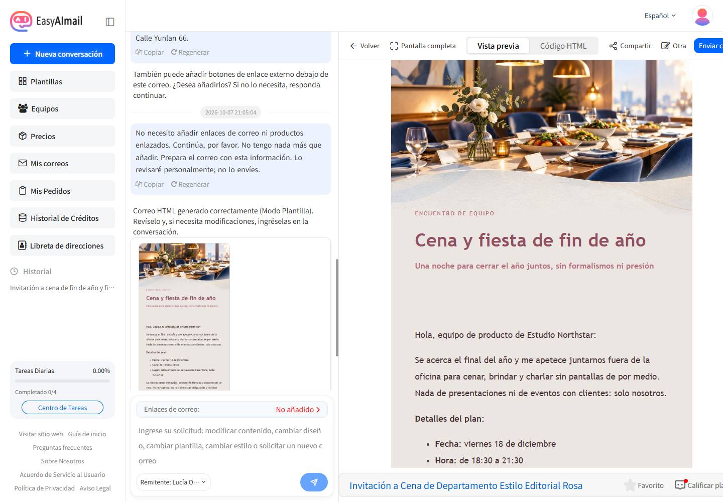 Interfaz en español de EasyAImail con vista previa de una invitación para fiesta de equipo