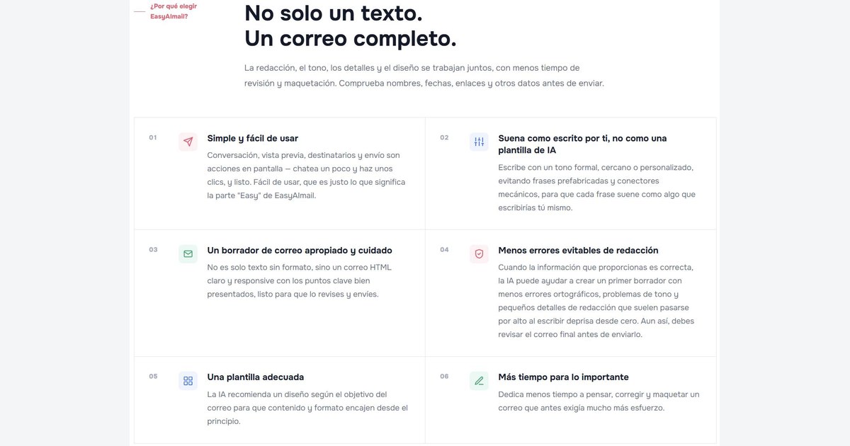 Interfaz de EasyAImail en español mostrando una experiencia de correo completa