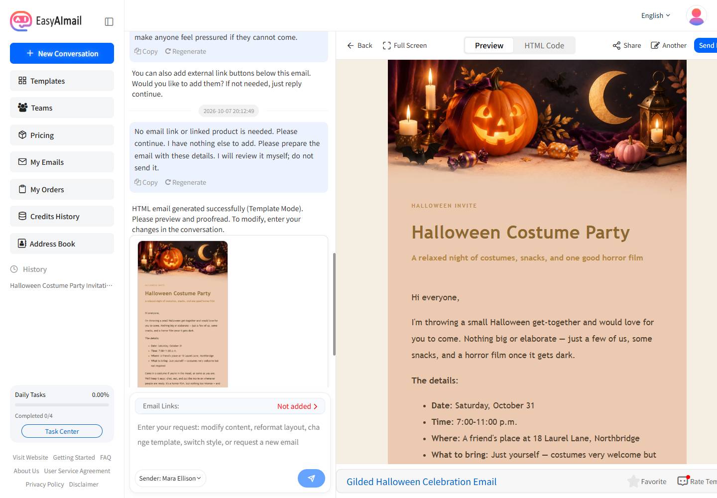 EasyAImail English interface showing a Halloween invitation email preview