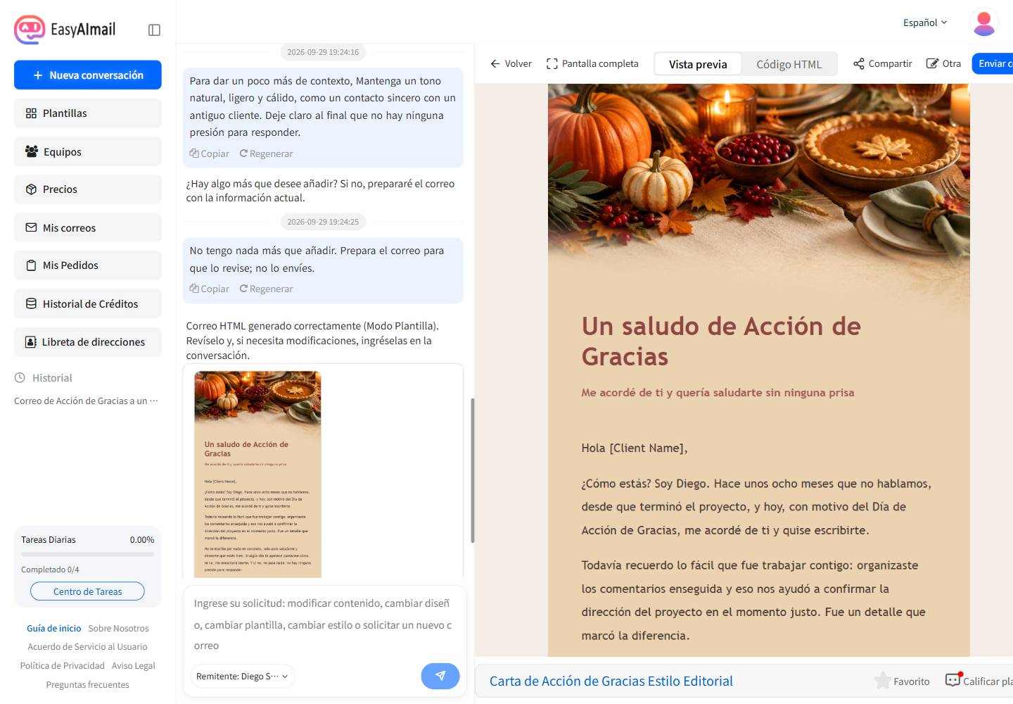 Interfaz en español de EasyAImail con vista previa de un correo para retomar el contacto con un cliente por Acción de Gracias
