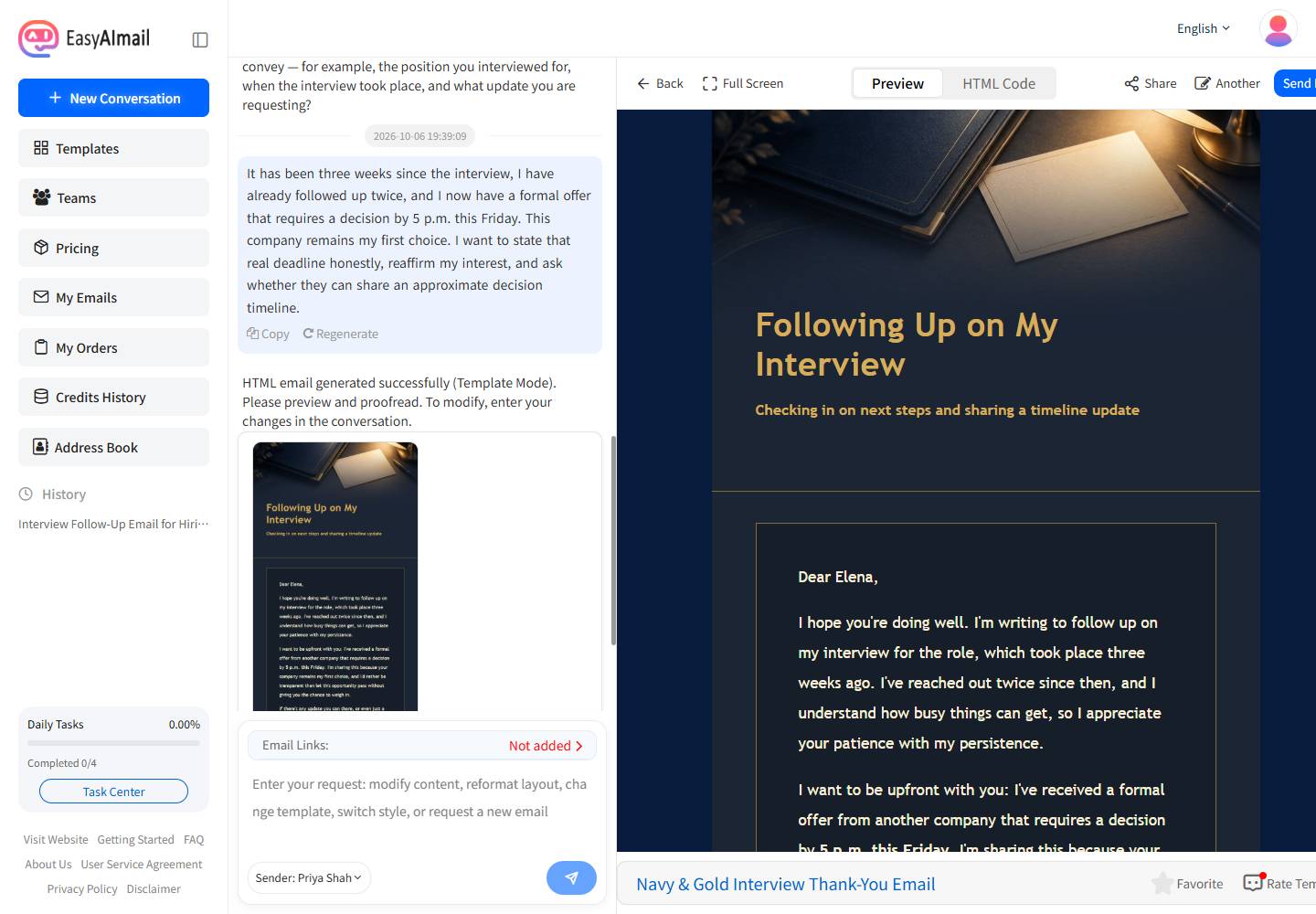 EasyAImail English interface showing an interview follow-up email preview with another job offer