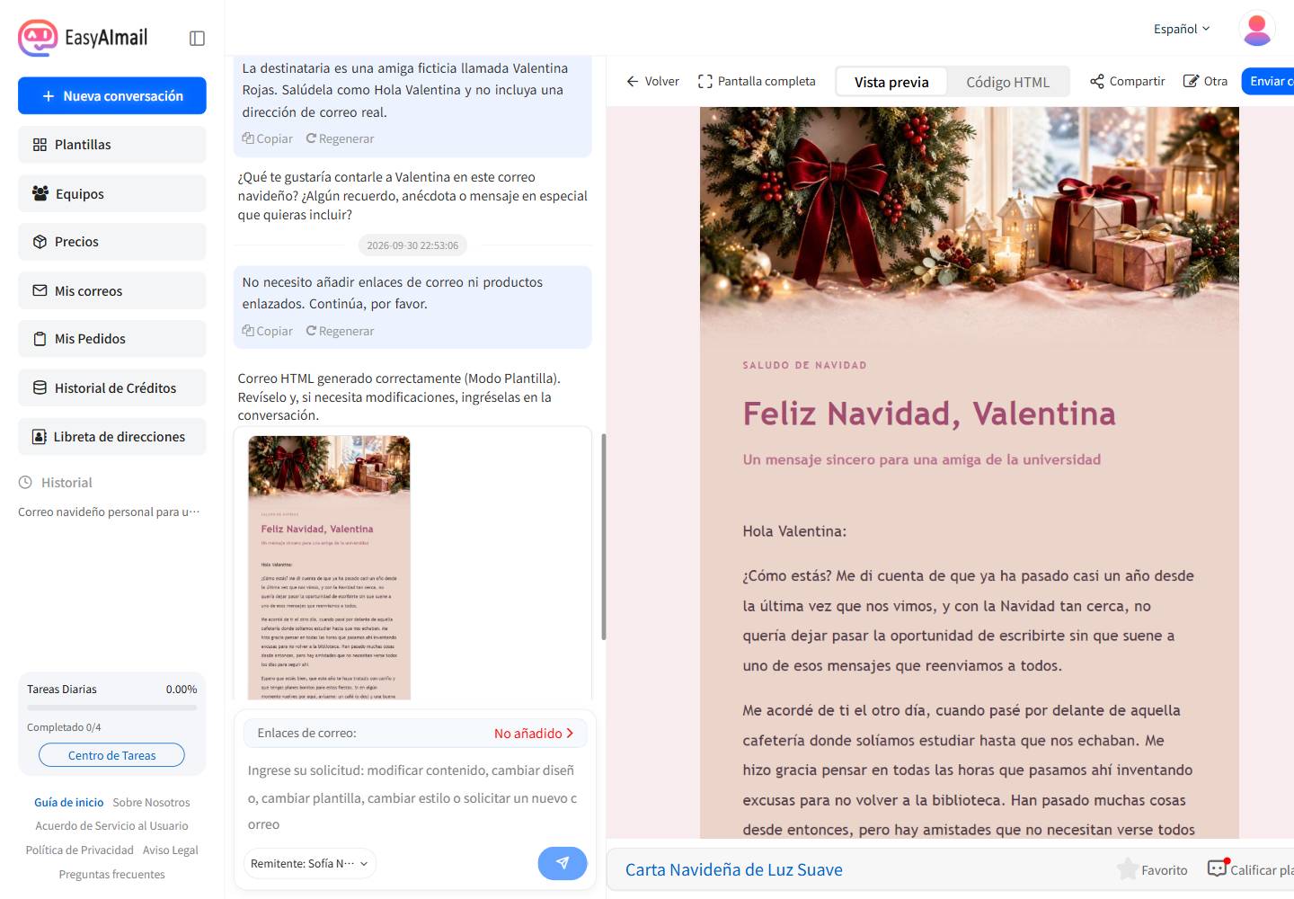Interfaz en español de EasyAImail con vista previa de un saludo navideño personal