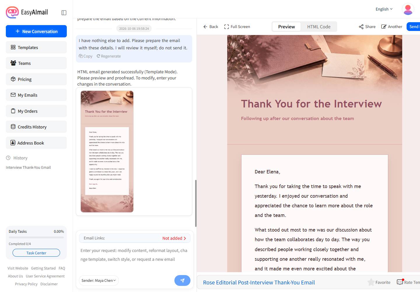 EasyAImail English interface showing a next-morning interview thank-you email preview