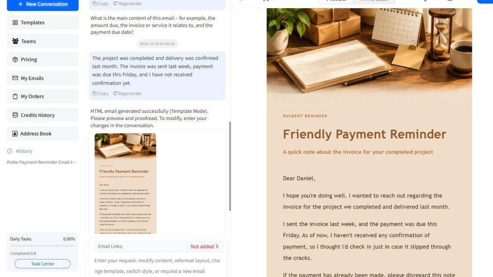 EasyAImail English interface showing a payment reminder email preview