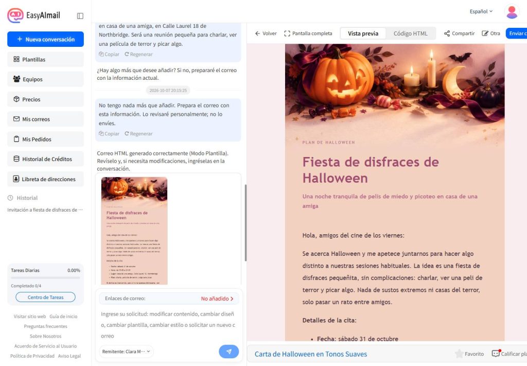 Interfaz en español de EasyAImail con vista previa de una invitación de Halloween