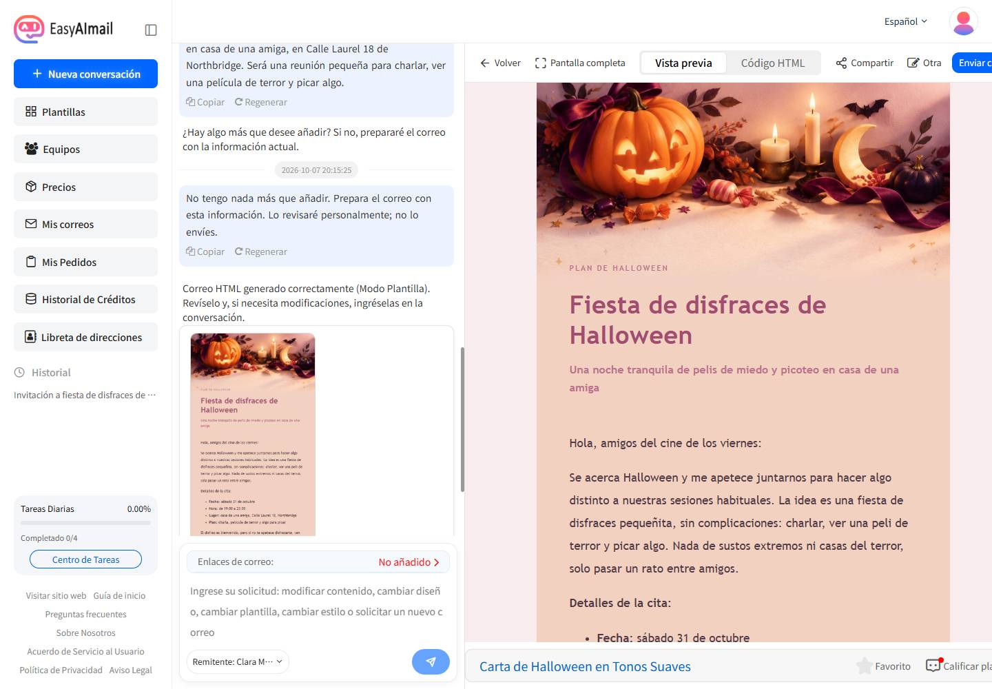 Interfaz en español de EasyAImail con vista previa de una invitación de Halloween