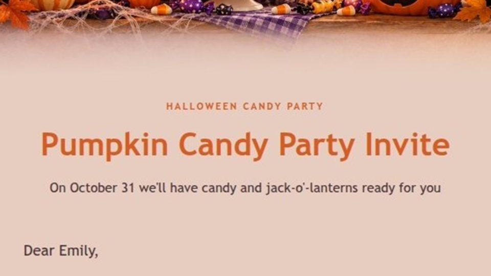Wide preview of the Pumpkin Candy Party Halloween Marketing Email