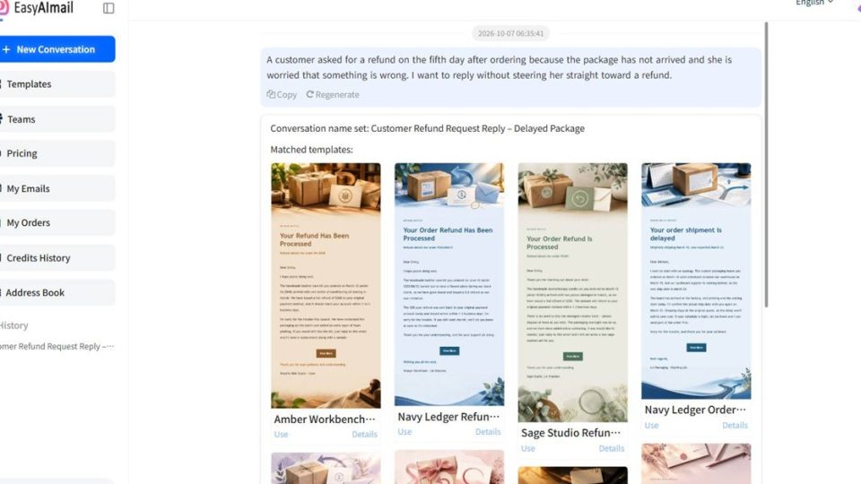 EasyAImail English interface with refund request template recommendations