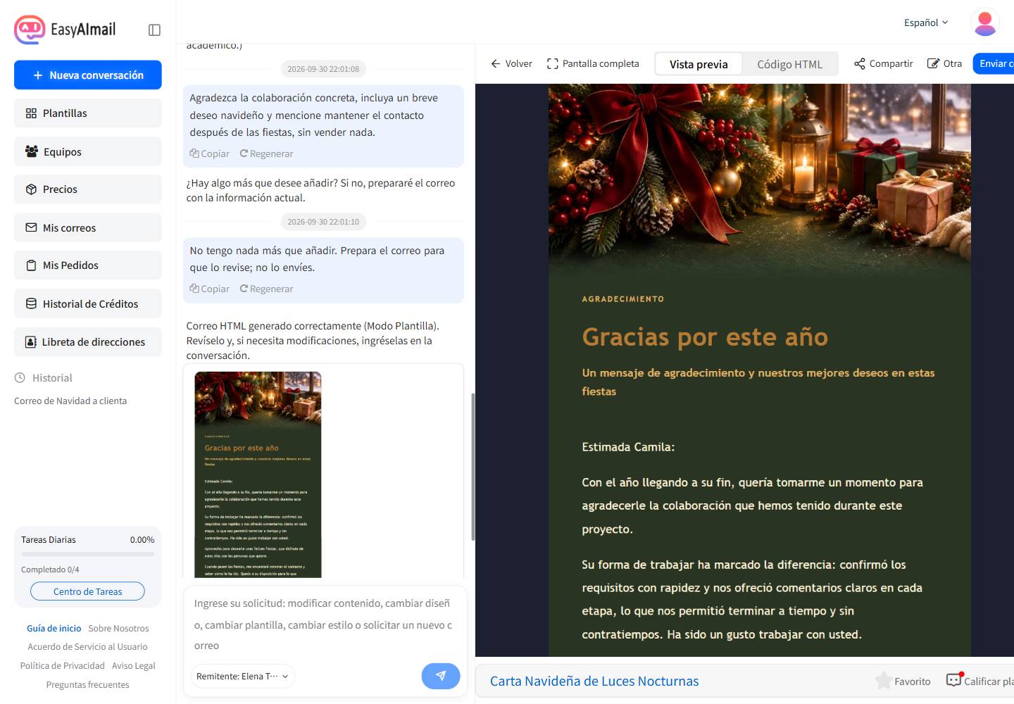 Interfaz en español de EasyAImail con vista previa de un saludo de fin de año para un cliente