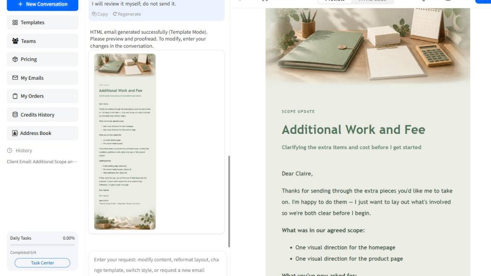 EasyAImail English interface showing a scope and fee update email preview