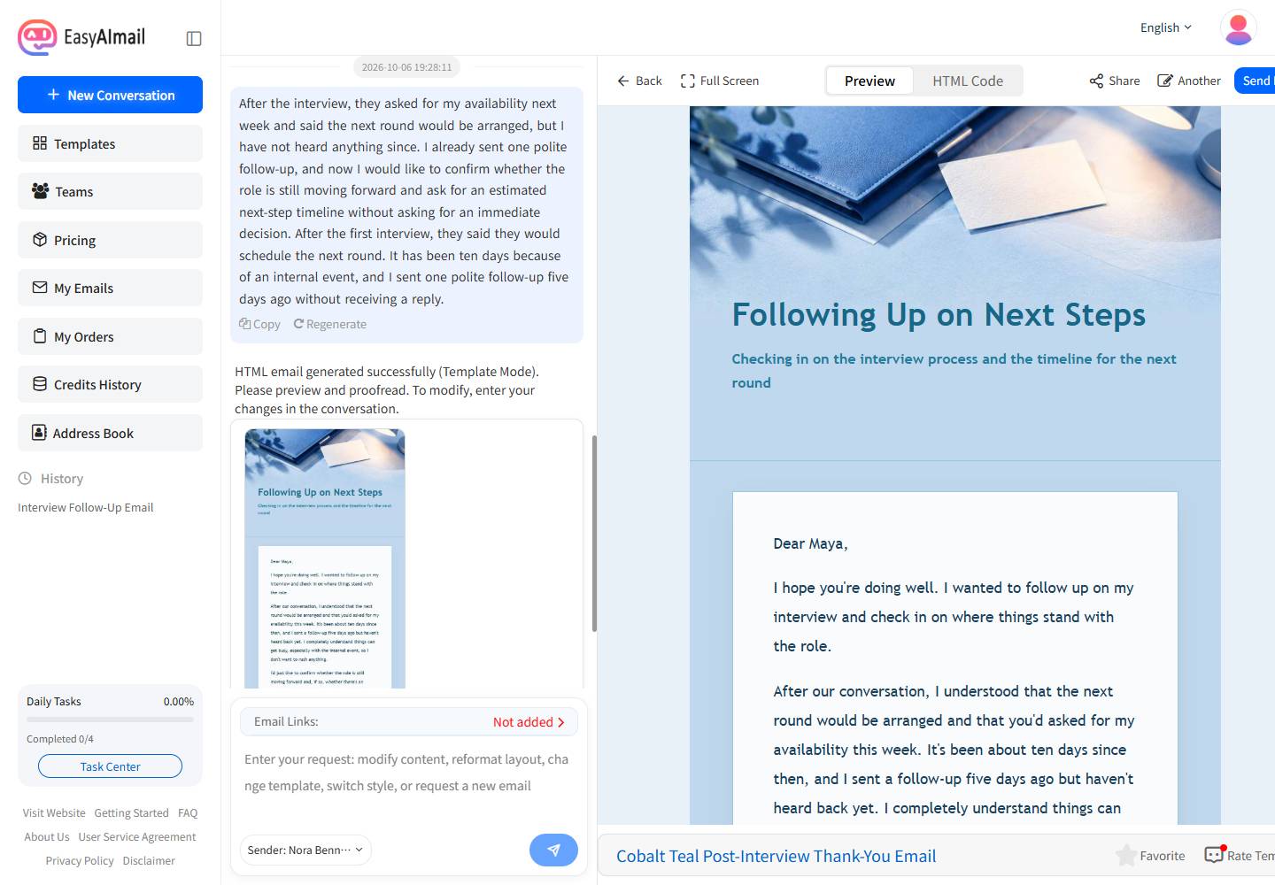 EasyAImail English interface showing a second interview follow-up email preview