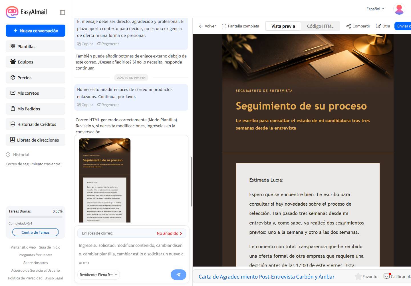 Interfaz en español de EasyAImail con vista previa de seguimiento de entrevista al tener otra oferta