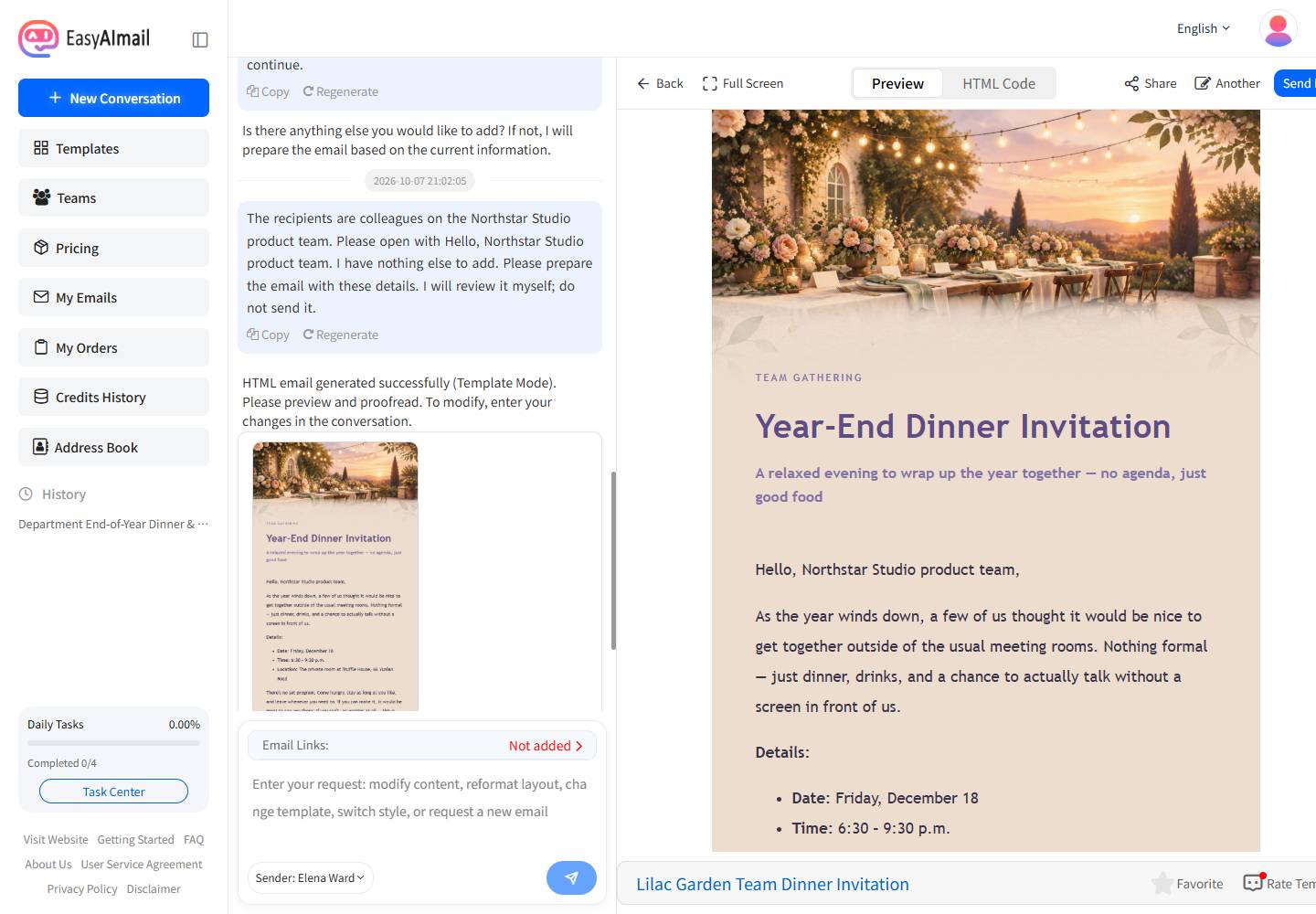 EasyAImail English interface showing a team holiday party invitation email preview