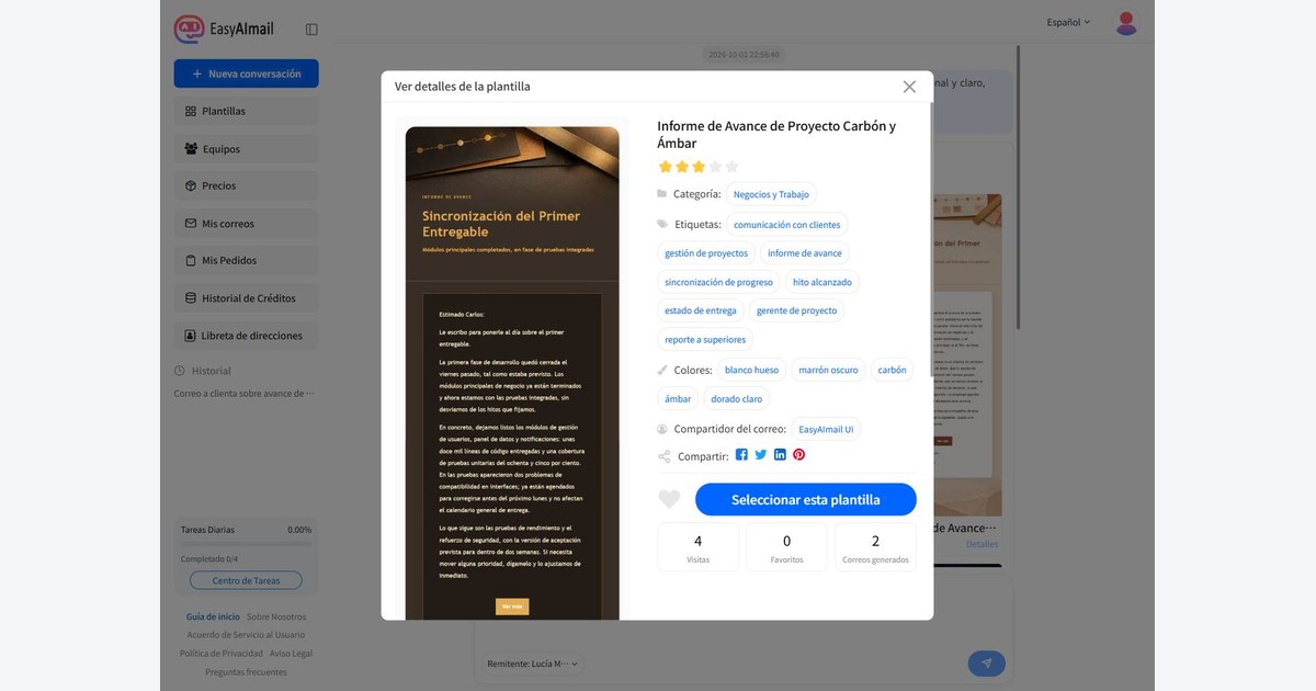 Interfaz de detalles de plantillas de EasyAImail en español