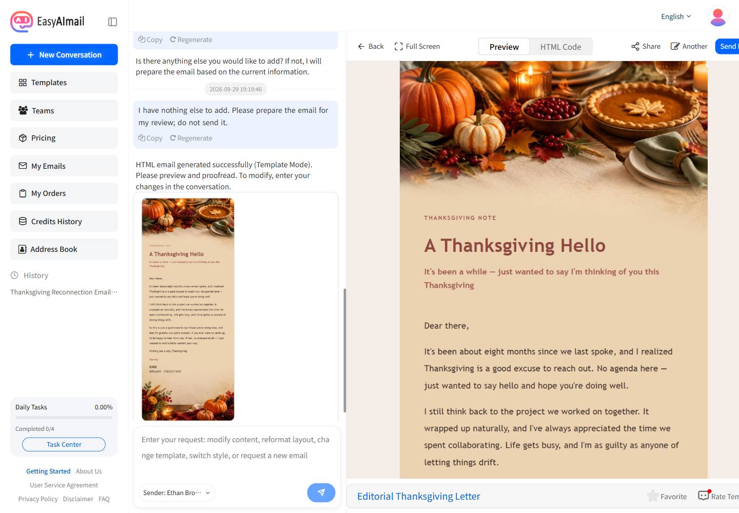 EasyAImail English interface showing a Thanksgiving client reconnection email preview